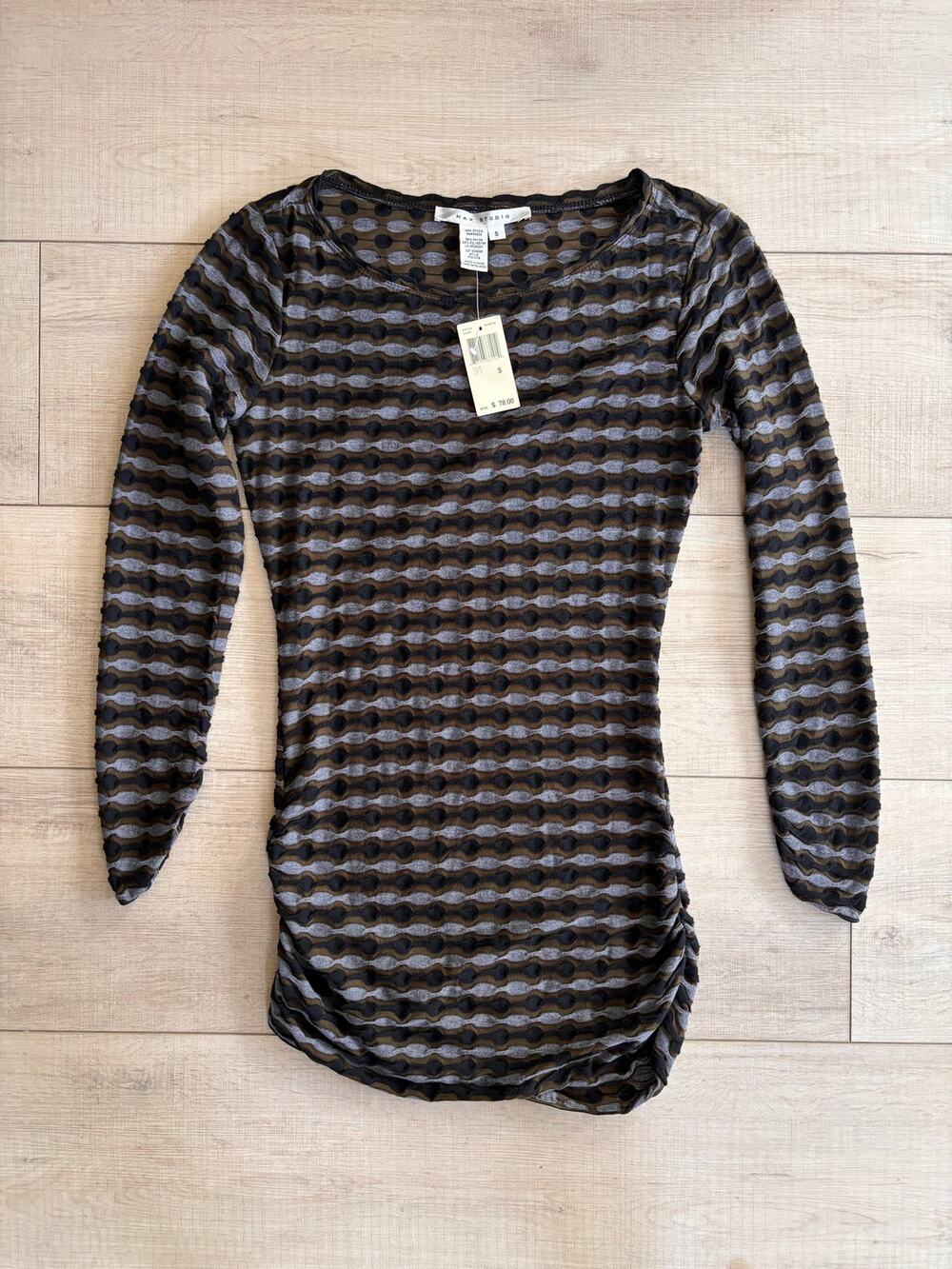 Max Studio Sheer Mesh Ruched Long Sleeve Top Brown Black Size S NWT